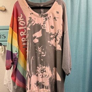 Oversized Magnolia Pearl Graphic Rainbow Sleeve Sweatshirt - Pink & Gray
